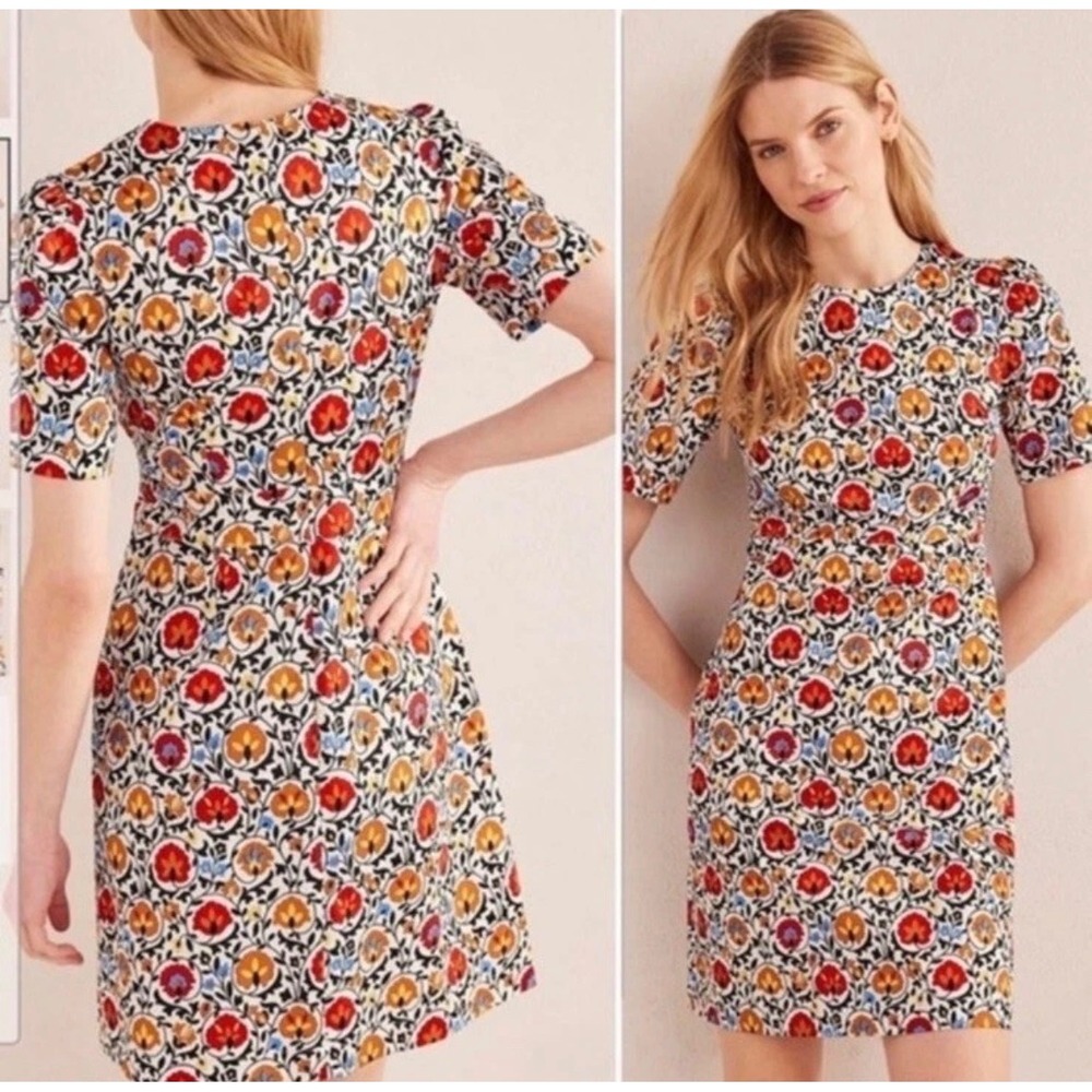 Boden Floral Shift Dress Womens 6L White Red Retro Mod Cotton Enchanted